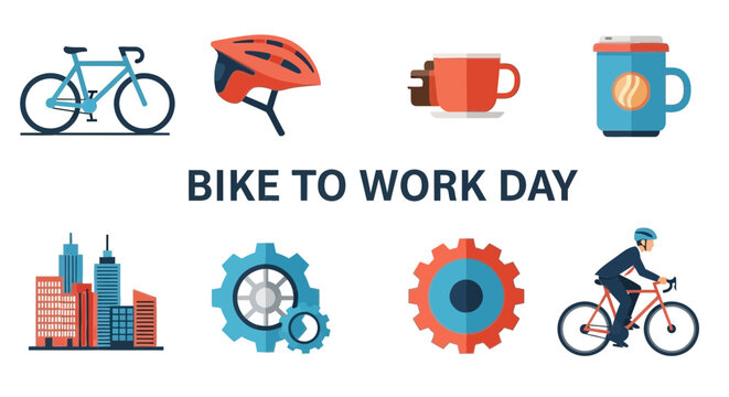 Illustration with bicycle icons helmet coffee cups gears city and cyclist for Bike to Work Day
