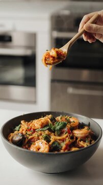 Hand serving pasta from bowl.