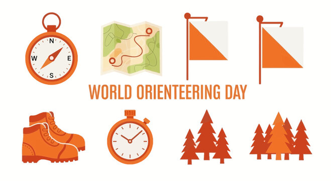 Vector graphic illustration for World Orienteering Day with compass map flags boots stopwatch and trees