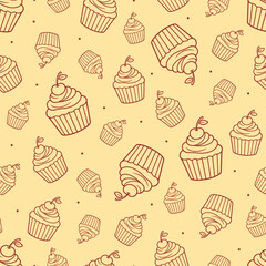 Vector seamless pattern featuring linear cherry-topped cupcakes on a yellow background
