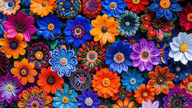 Vibrant handcrafted ceramic flowers in a dense multicolored pattern representing traditional folk art and decorative design