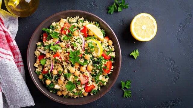 Healthy Mediterranean bulgur salad with chickpeas and fresh herbs in a bowl viewed from above on dark background