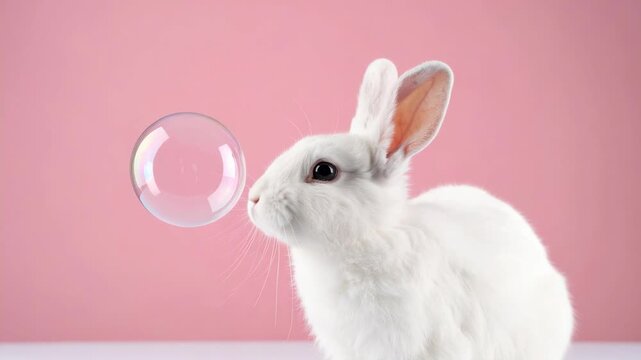 Adorable white fluffy bunny sniffing a transparent soap bubble against a solid pastel pink studio background