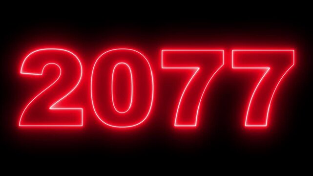 2077 neon line text. Abstract 2077 neon text animation, Concept of new year beginning, happy celebration, festival, new life, growth of business, investment, finance, innovation. 4k animation