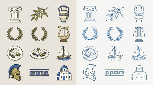 Collection of Greek cultural icons including columns, olive branches, amphorae, laurel wreaths, lyres, feta cheese, sailboats, helmets, meanders, and churches.