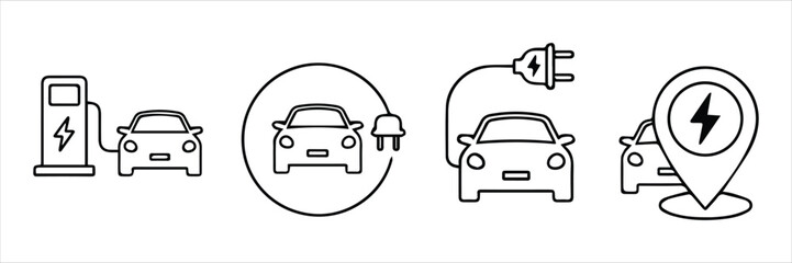 Obraz premium Electric car charging icon set. EV station, plug, socket, hybrid car, black electric car with plug symbol on white background - stock vector.