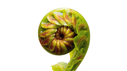 Isolated vibrant green fern fiddlehead unfurling with intricate spiral pattern close-up © Isolde