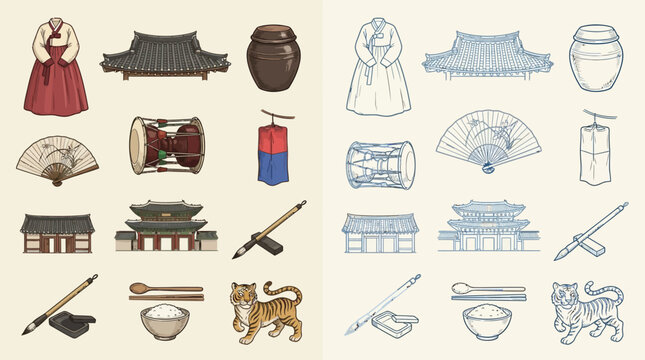 A detailed illustration showcasing traditional Korean cultural elements, including clothing, architecture, musical instruments, and symbolic objects, presented in two distinct color palettes.
