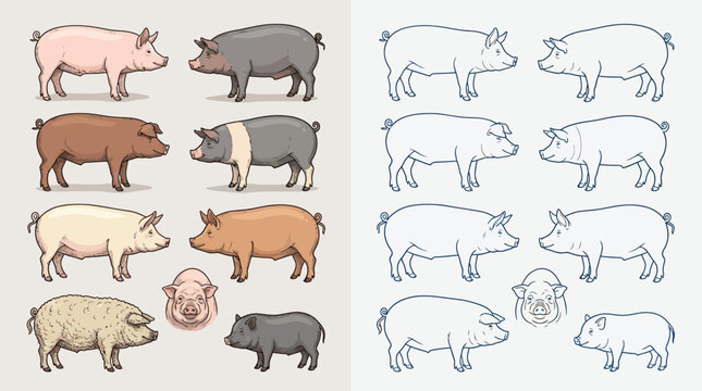 Collection of various pig breeds illustrated in color and outline, showcasing different coat colors and body types.