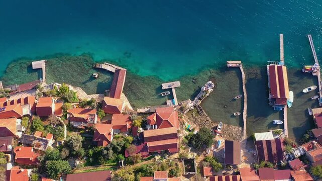Aerial view of the picturesque secluded village of Kalek&ouml;y (Simena) on the Lycian coast of Turkey (Antalya region).