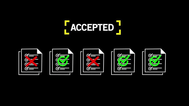 Five document icons with checkmarks crosses under the word ACEPTED, on Black Background and features 4k Motion graphics video