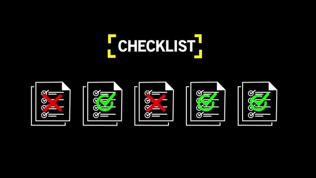 Five document icons with checkmarks and crosses under the word checklist, on Black Background and features 4k Motion graphics video