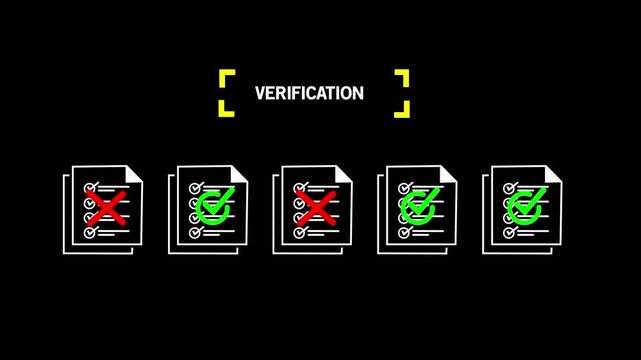 Five document icons with checkmarks crosses under the word VERIFICATION on Black Background and features 4k Animation