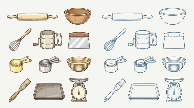 A collection of baking tools and kitchen utensils, including rolling pins, whisks, measuring cups, bowls, and scales.