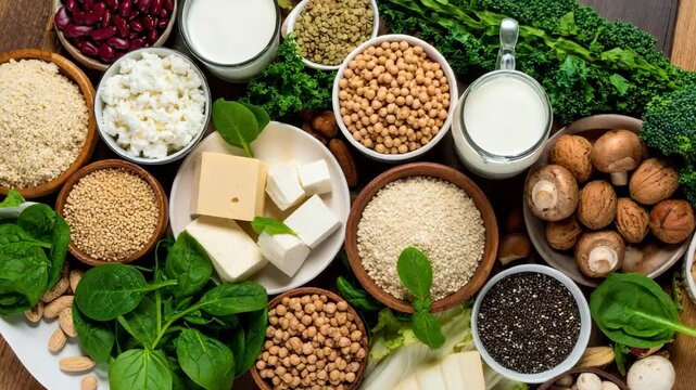 Variety of high protein plant based and dairy foods with tofu legumes nuts seeds and leafy green vegetables on a rustic table