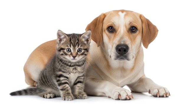 A friendly golden retriever dog lying down next to a cute tabby kitten sitting, both looking at the camera on a white background.