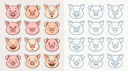 Fototapeta premium Collection of Pig Faces Showing Various Emotions and Expressions, Both in Color and Outline.