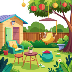 Cozy backyard with hanging chair and plants in pots House patio with fence, furniture for picnic green grass and tree Summer landscape of yard Vector cartoon illustration