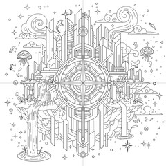 Obraz premium Futuristic floating city with compass rose and waterfalls, geometric line art illustration for coloring book.
