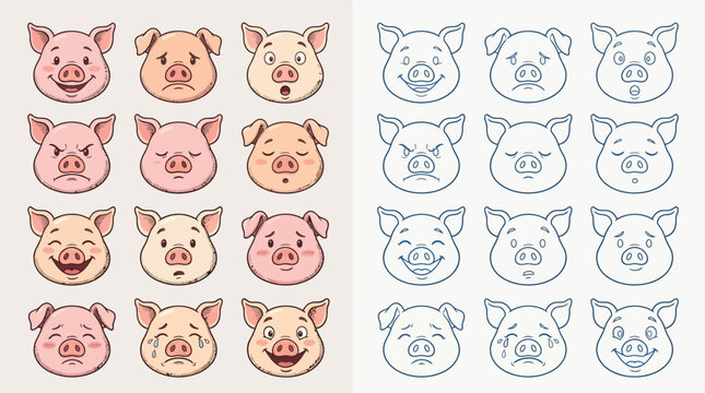 Collection of Pig Faces Showing Various Emotions and Expressions, Both in Color and Outline.