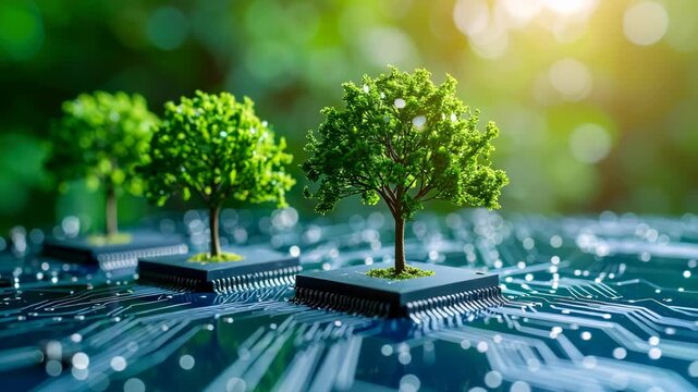 Small green trees growing out of computer microchips on a circuit board in a sunny forest