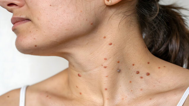 Close up view of human skin showing skin tags on the neck