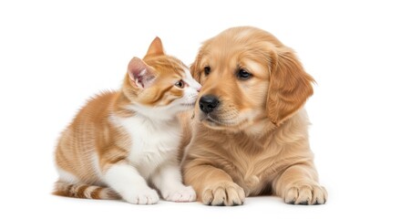 Obraz premium A cute ginger and white kitten whispers a secret into the ear of a golden retriever puppy on a white background.