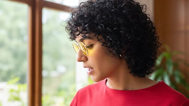 Woman Wearing Sunglasses Indoors Near Window.