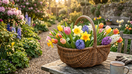 Obraz premium Wicker basket filled with colorful spring flowers including tulips, daffodils and hyacinths placed on a rustic wooden table in a blooming garden during warm sunset light. Seasonal gardening and spring