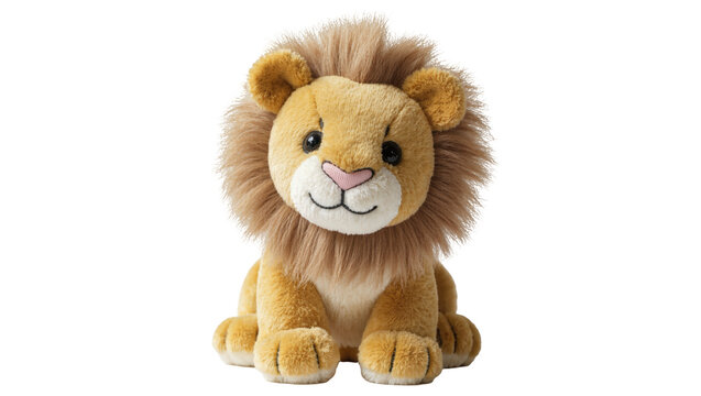 Isolated cute plush lion toy sitting, smiling, with a soft fluffy mane, ready for play