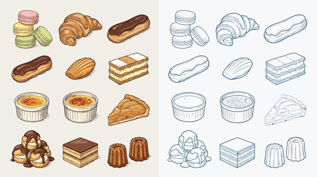 A collection of colorful and line-art illustrations of French pastries and desserts, including macarons, croissants, eclairs, and tarts.