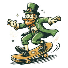 Fototapeta premium Leprechaun skateboarding with a top hat and green suit.