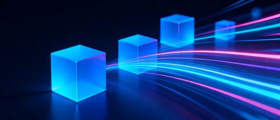 Fototapeta premium Blue cubes with glowing light trails