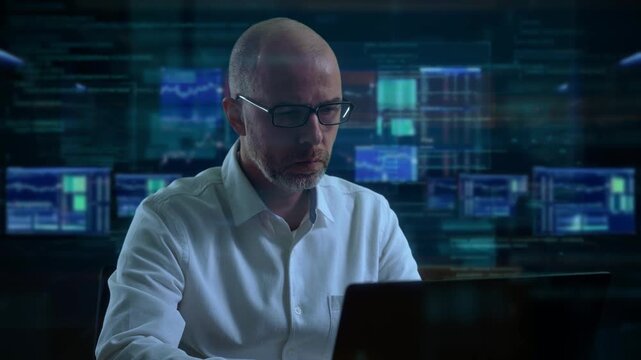 Senior Analyst Scrutinizes Investment Portfolios And Risk Assessments Amid Dim Blue Ambient Lighting