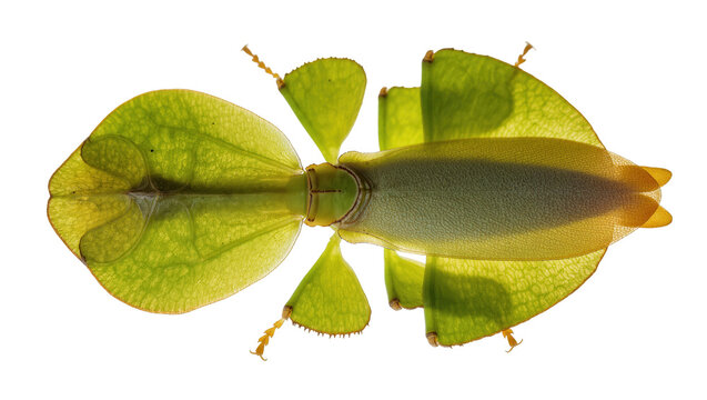 Isolated detailed top view of a vibrant green leaf insect, perfectly camouflaged in nature