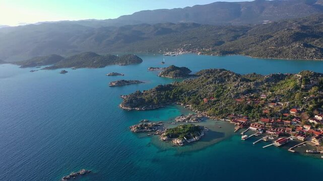 Aerial view of the picturesque secluded village of Kalek&ouml;y (Simena) on the Lycian coast of Turkey (Antalya region), famous for its partially submerged ancient ruins.