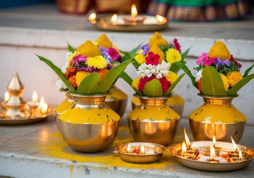 Panguni Uthiram paal kudam milk pot ritual with turmeric, mango leaves and flowers, traditional South Indian temple offering, diya lamps, spiritual atmosphere