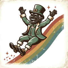 Fototapeta premium Joyful Leprechaun Sliding Down a Rainbow with Arms Raised in Celebration.