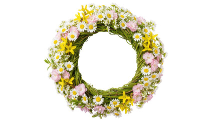 Isolated natural green wreath adorned with fresh white daisies, bright yellow flowers, and pink blossoms. © Isolde