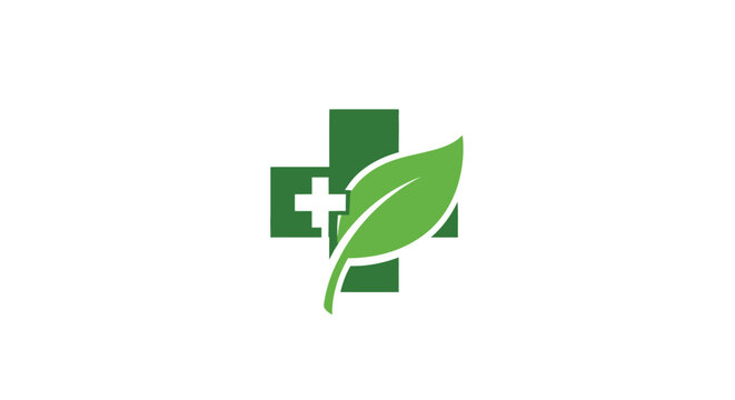 Green medical cross and leaf icon representing natural health, herbal medicine, holistic wellness, and ecological therapy