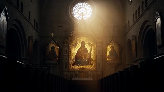 Church interior with long rows of pews and stained glass window, illuminated by sunlight featuring cathedral, sanctuary, worship with architecture