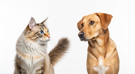 Obraz premium A fluffy cat with striking blue eyes looks curiously at a golden retriever dog against a white background.
