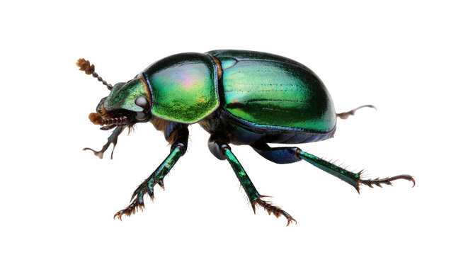 Isolated vibrant metallic green beetle showcasing its beautiful iridescent shell and intricate details