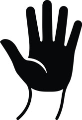 Obraz premium Black human hand silhouette icon with open palm and five fingers, simple vector gesture sign for stop, help, or greeting.