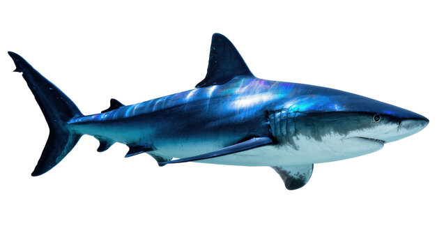 Isolated blue shark, powerful ocean predator, side view marine animal with sleek body