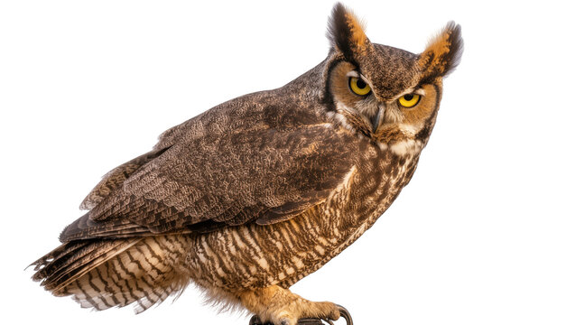 Isolated majestic Great Horned Owl with prominent ear tufts and an intense, focused gaze.