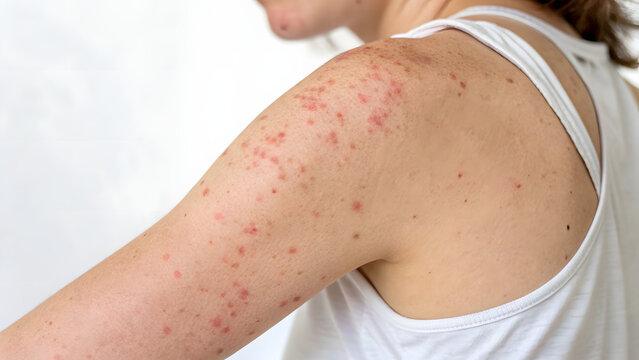 Person with acne visible on arm and shoulder close up