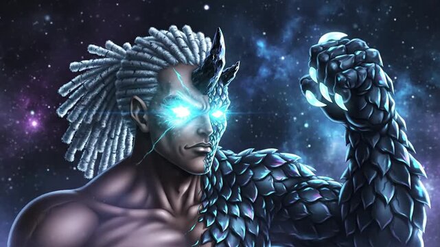 Mystical half-human half-dragon creature with glowing blue eyes