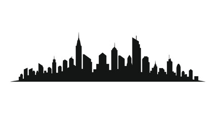 Obraz premium Black silhouette of a large city skyline with numerous skyscrapers and high rise buildings on a clean white background for urban themes.