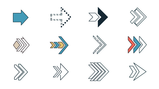 Diverse collection of arrow icons and pointers in various styles including solid, outlined, multi-layered, and dashed designs for navigation.